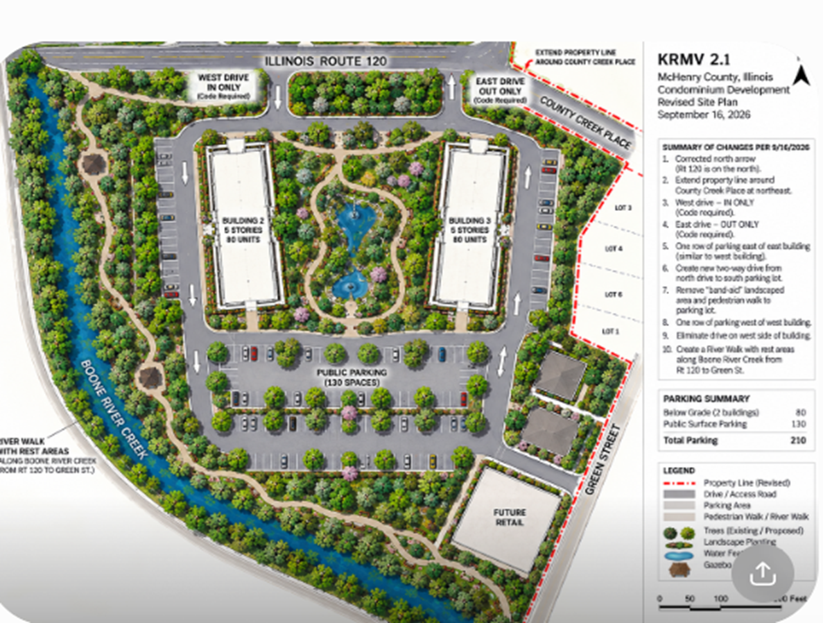 Condominium master development site plan showing dual 5-story towers with 160 residential units, central courtyard, parking facilities, and Boone River walk